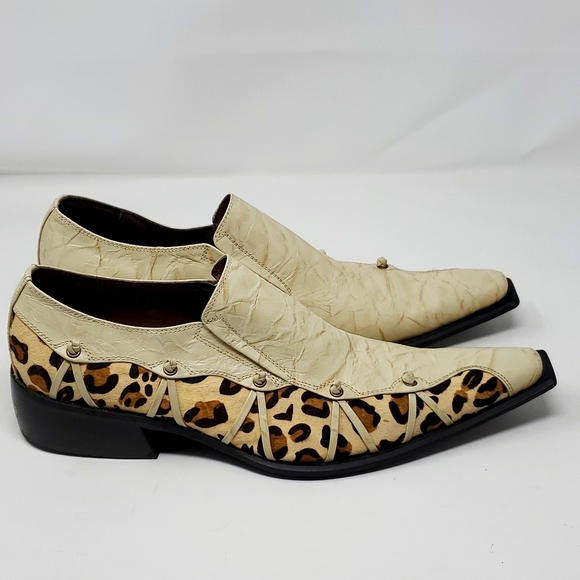Fiesso Bone Leopard Hair Genuine Leather Loafer Shoes Pointed Toe F18027  Size 8 - Picture 2 of 11